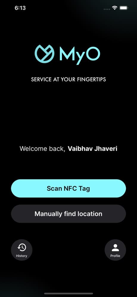 MyO app home screen with a Scan NFC Tag button